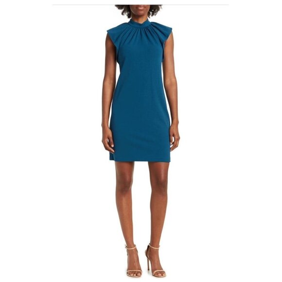 Calvin Klein Womens Teal High Neck Short Flutter Sleeve Shift Dress Sz 14 New - Picture 1 of 9